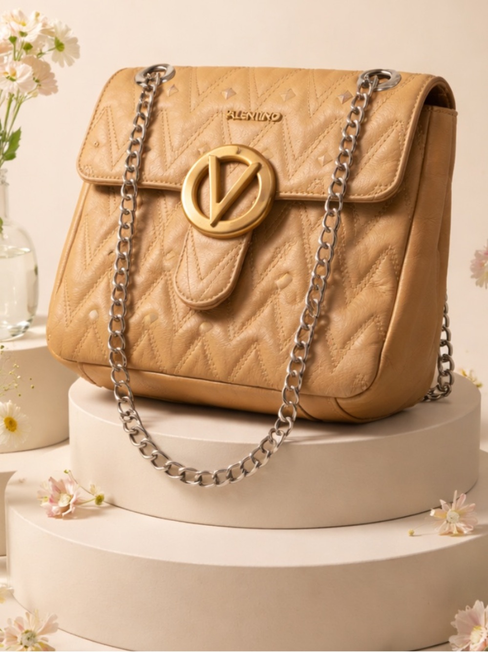 Valentino Camel Quilted Shoulder/Crossbody Bag.